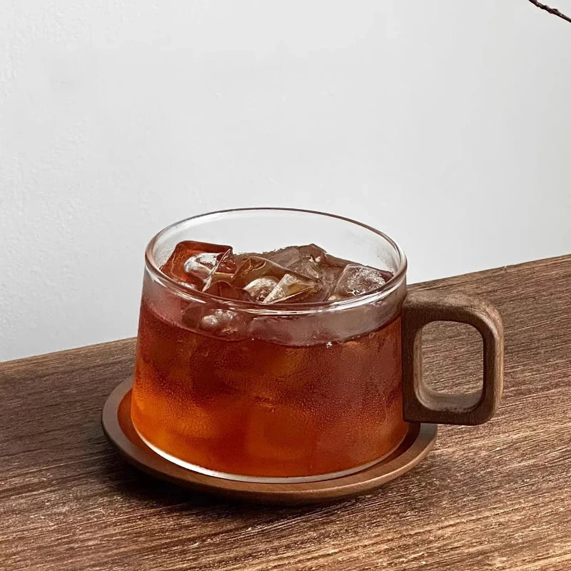 Vintage Glass Coffee Cup & Saucer Set 240ml | Wooden Handle