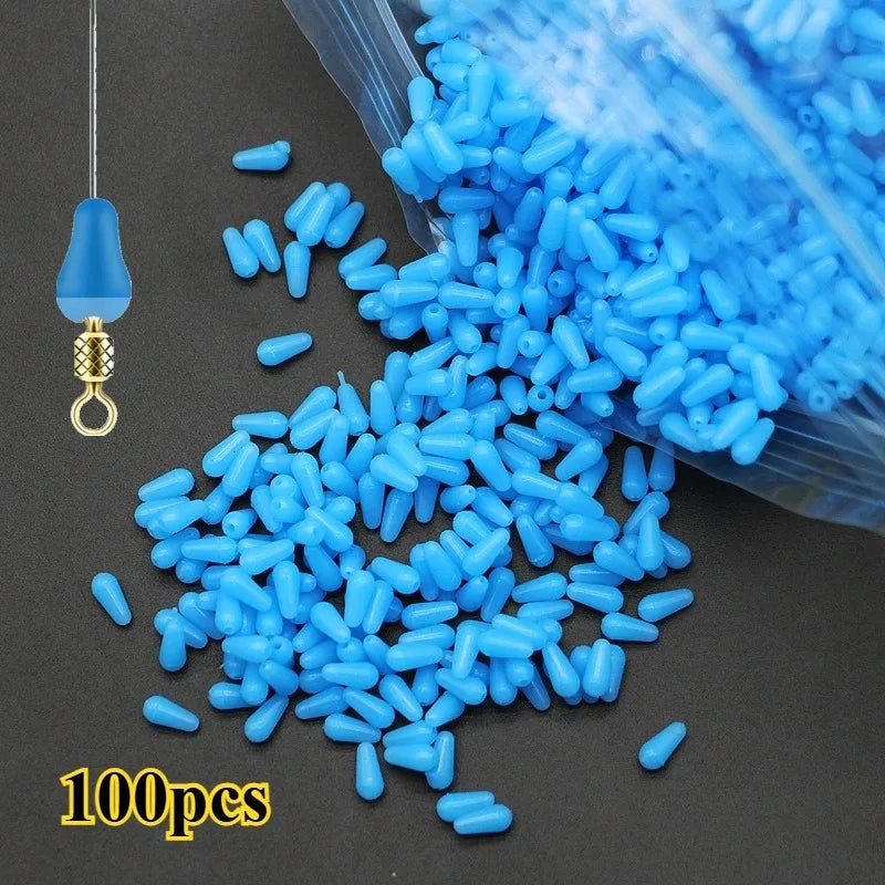 100pcs Rubber Fishing Float Stoppers Blue Oval Space Beans Fishing Float Stoppers Nixie 100pcs