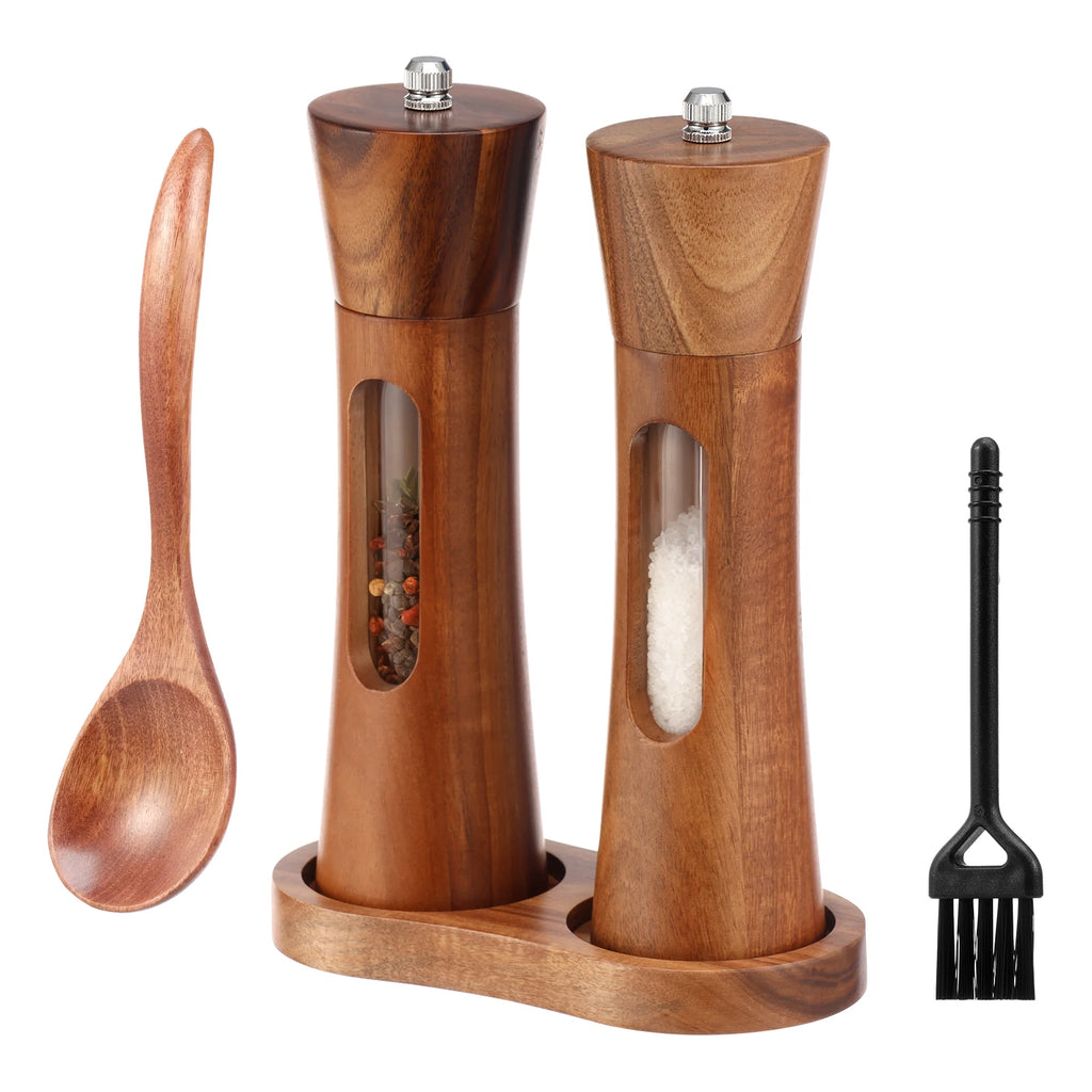 2-Pack Wooden Salt & Pepper Grinder Set with Tray & Spoon Salt & Pepper Mill Set Nixie Style 1