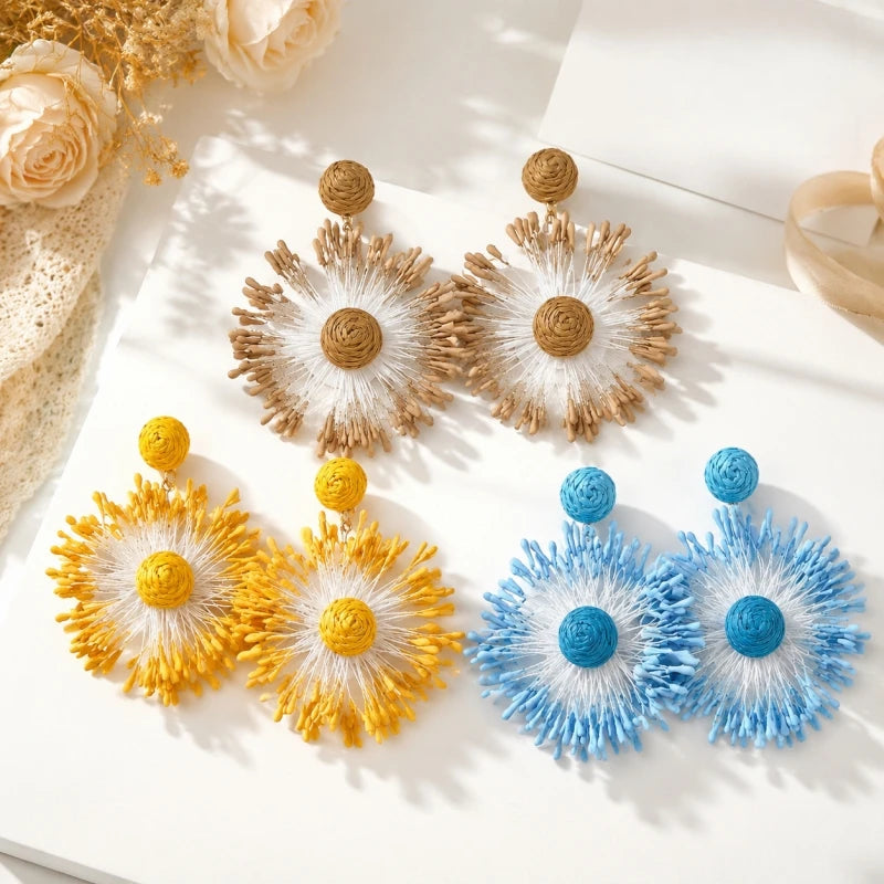 Handwoven Floral Raffia Drop Earrings for Women | Nixie Raffia Drop Earrings Nixie