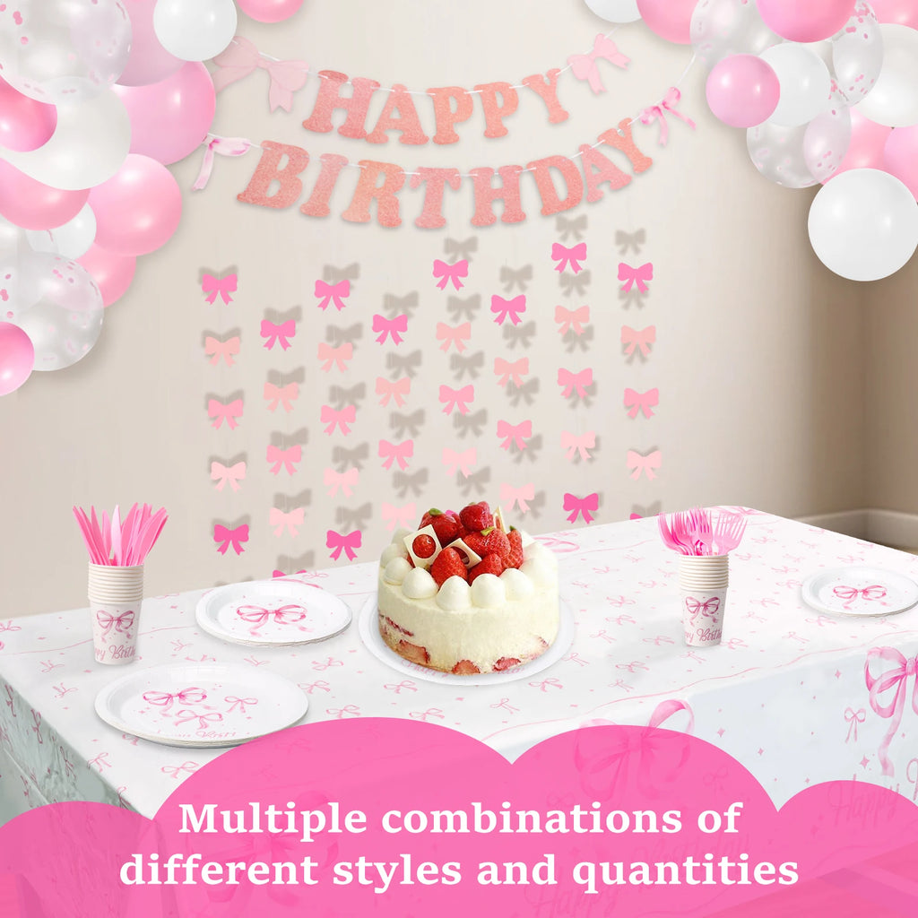 Pink Bow Party Decoration Set – Tableware & Balloons for 20 Party Decoration Set Nixie