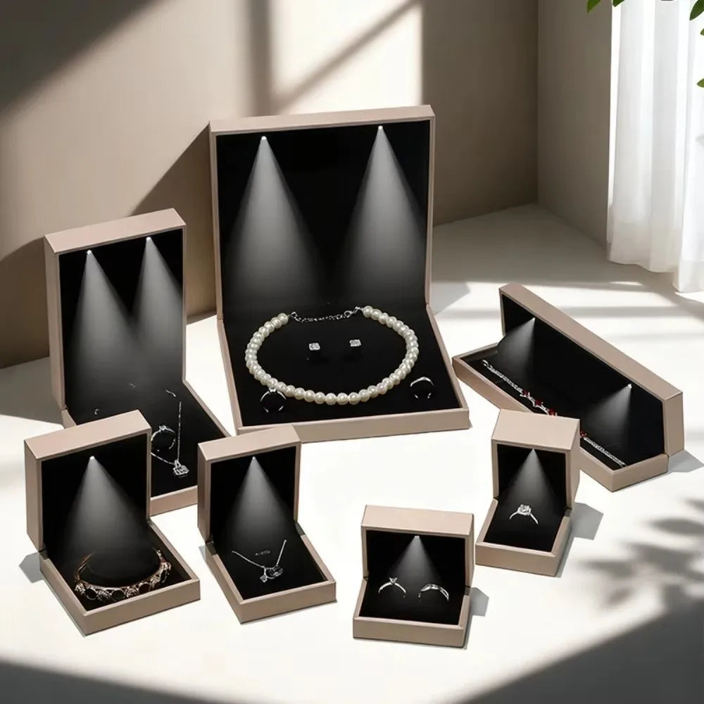 Luxury LED Jewelry Box Gold PU Leather Ring & Necklace Organizer LED Jewelry Box Nixie