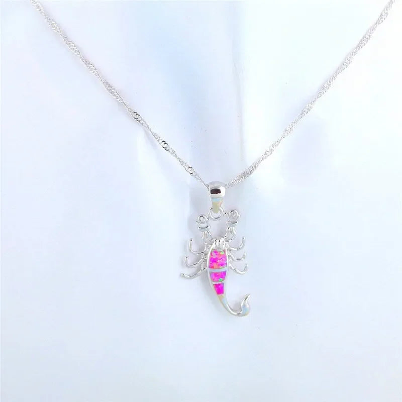 Lucky Scorpion Pink Simulated Opal Pendant Necklace | Silver Pendant Necklace Nixie