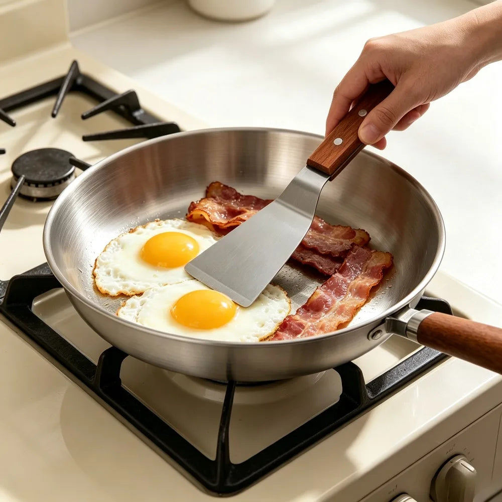 Nonstick Stainless Steel Frying Pan & Spatula Set | Wooden Handle Frying Pan Set Nixie