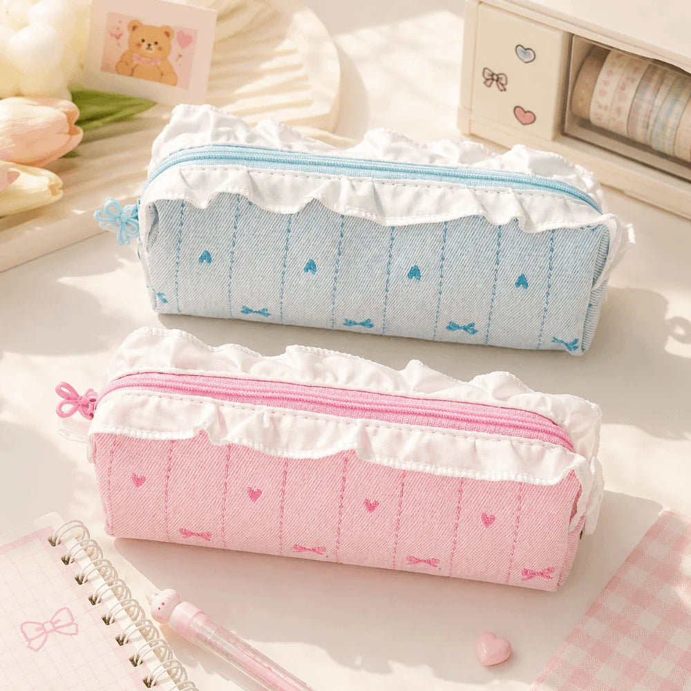 Korean Ballet Pencil Case Ruffle Lace Bow Embroidery Pen Bag Pencil Case Nixie