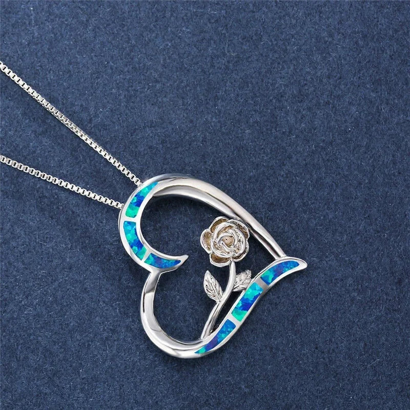 Women's Simulated Opal Rose Flower Heart Pendant Necklace Pendant Necklace Nixie