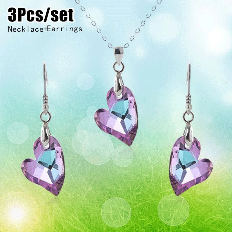 Crystal Heart Pendant Necklace & Earrings Set – 3 Pcs Gift Crystal Jewelry Set Nixie