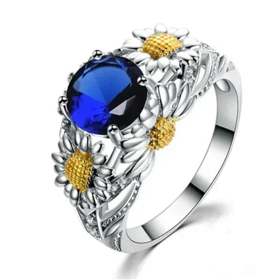 Silver-Plated Daisy Ring Blue Zircon & Orange | Sizes 6–10 Fashion Ring Nixie