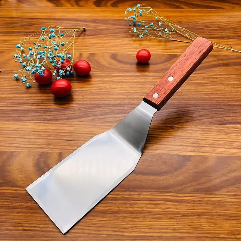 Stainless Steel Square Spatula Wood Handle BBQ Turner Scraper Cooking Spatula Nixie