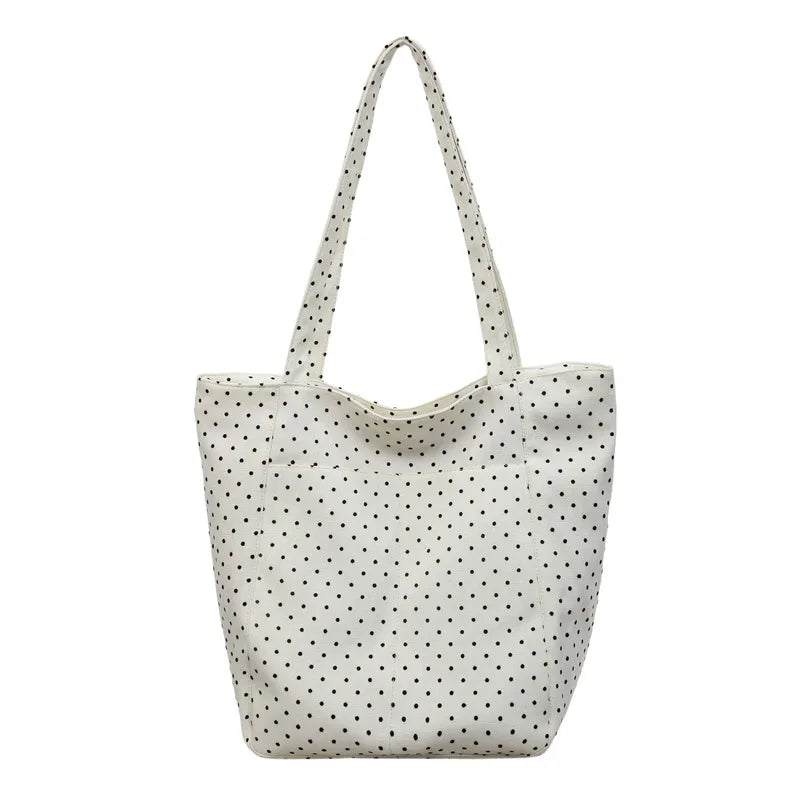 Korean Polka Dot Canvas Tote Bag – Chic Multi-Way Shoulder Bag Canvas Shoulder Tote Nixie BB-1421White