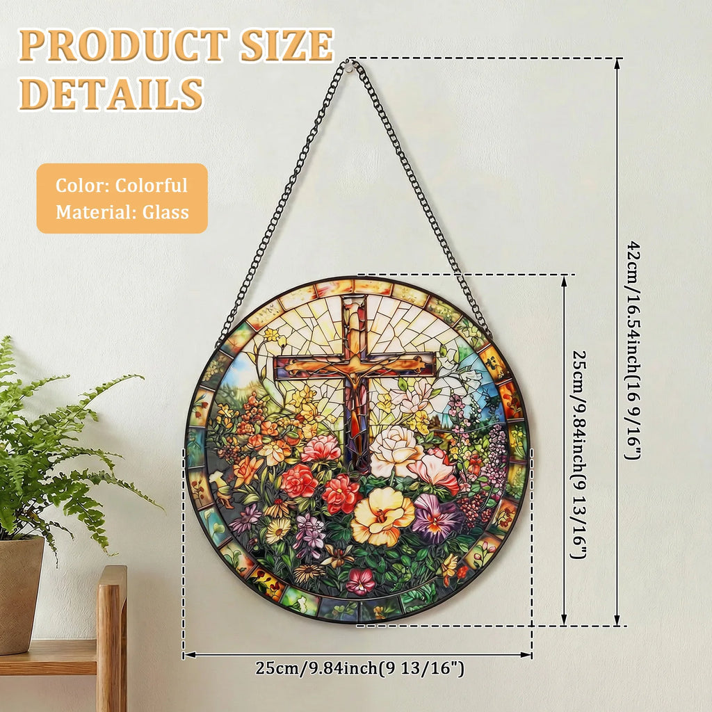 Stained Glass Cross Suncatcher 9.84" – Window Hanging Decor Glass Window Suncatcher Nixie