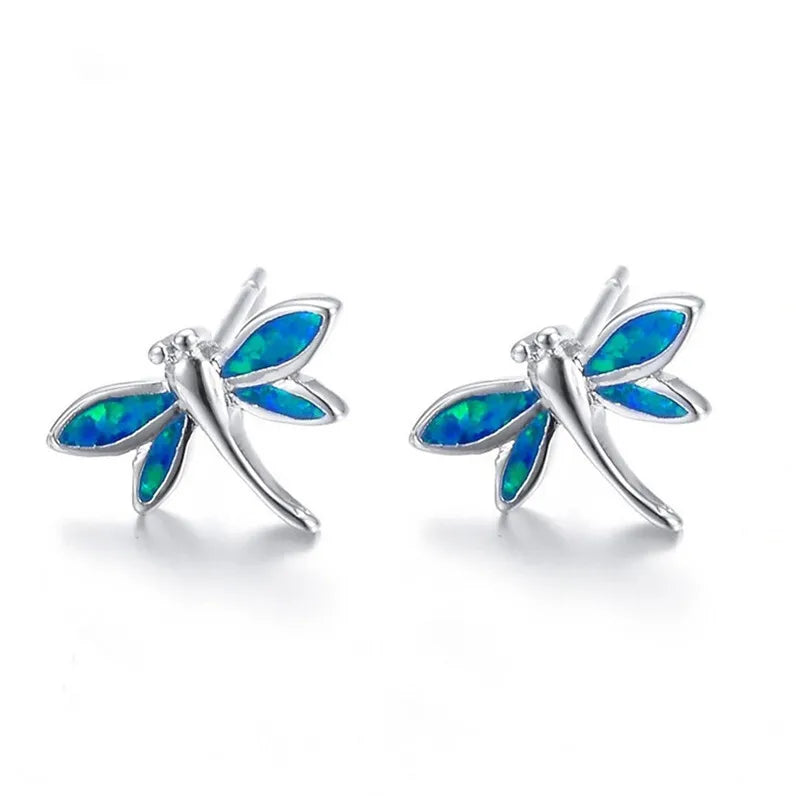 Women's Dragonfly Simulated Opal Stud Earrings – Silver Blue