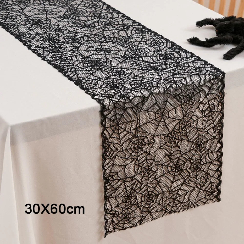 Black Halloween Lace Table Runner – Gothic Spider Web Cobweb Halloween Table Runner Nixie 30-60cm Style 3