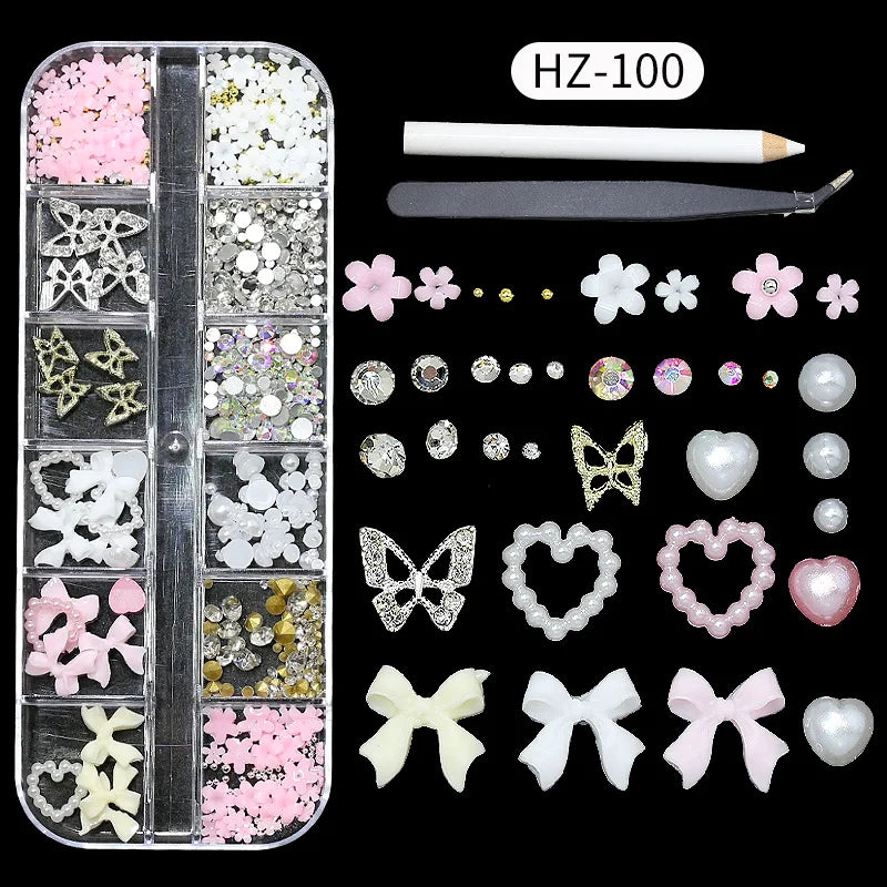 3D Flower Nail Charms Set – 120pcs Mixed Blossom Gems & Rhinestones Nail Art Charms Nixie HZ-100