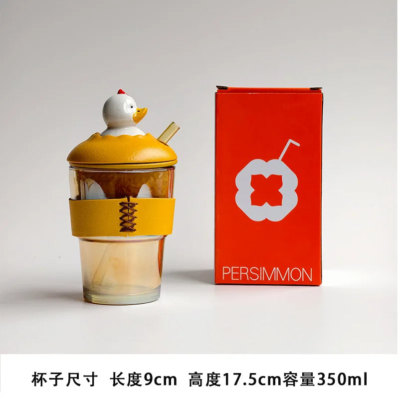 Happy Duck Glass Straw Cup 350ml – Tea Infuser with Lid Glass Straw Cup Nixie