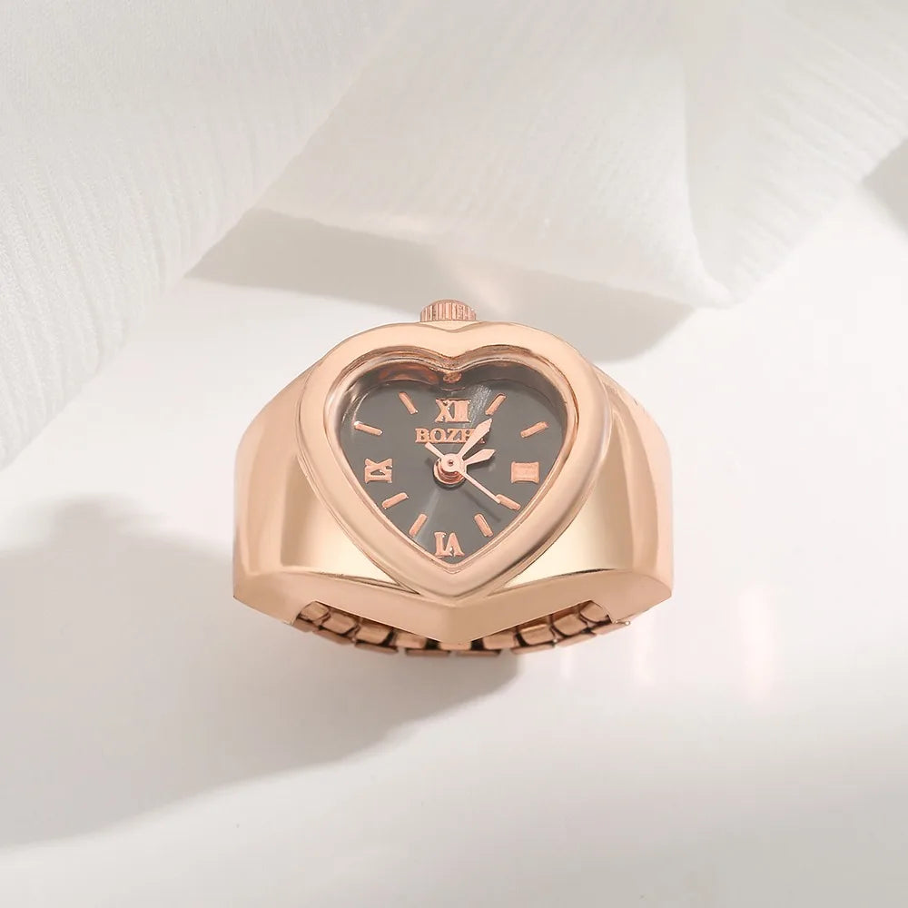 Retro Heart Shape Ring Watch – Stainless Steel Quartz Clock Ring Watch Nixie Rose Gold Black