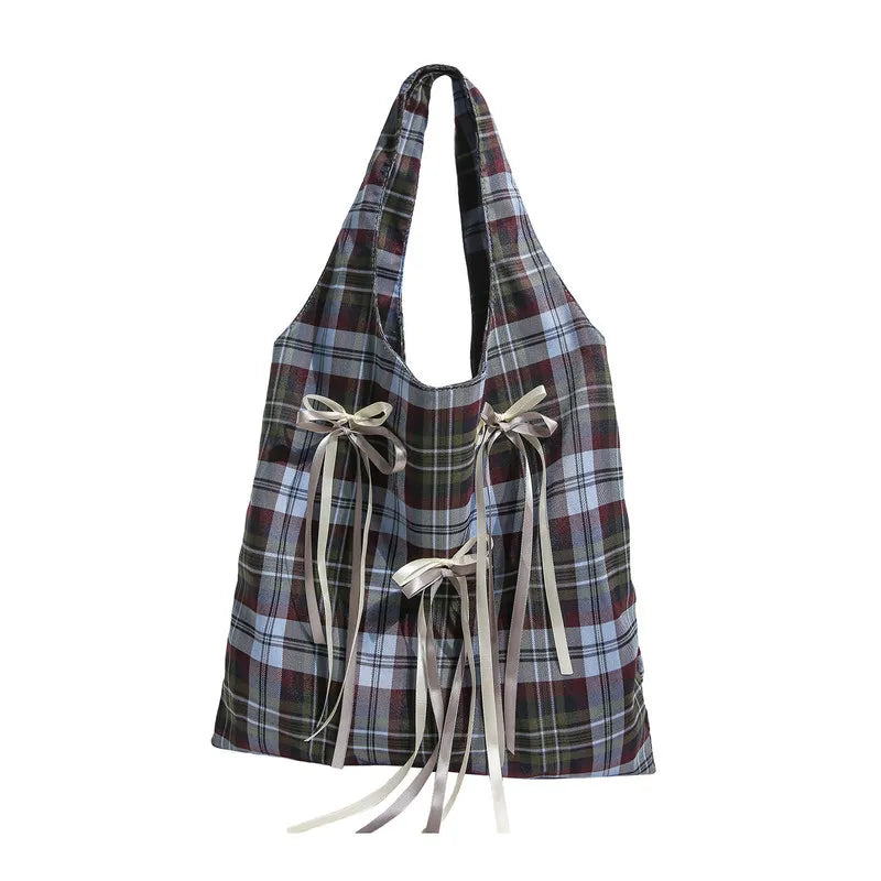 Korean Academia Plaid Bow Tote Bag – Large Canvas Shoulder Bag Canvas Tote Bag Nixie