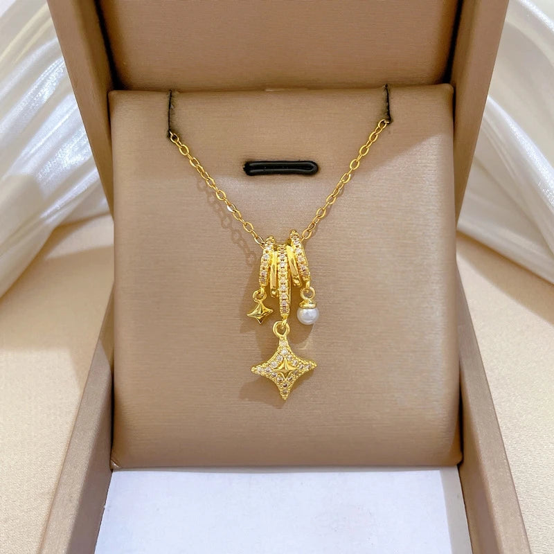 Gold Star Pendant Choker Necklace – Stainless Steel & Zircon