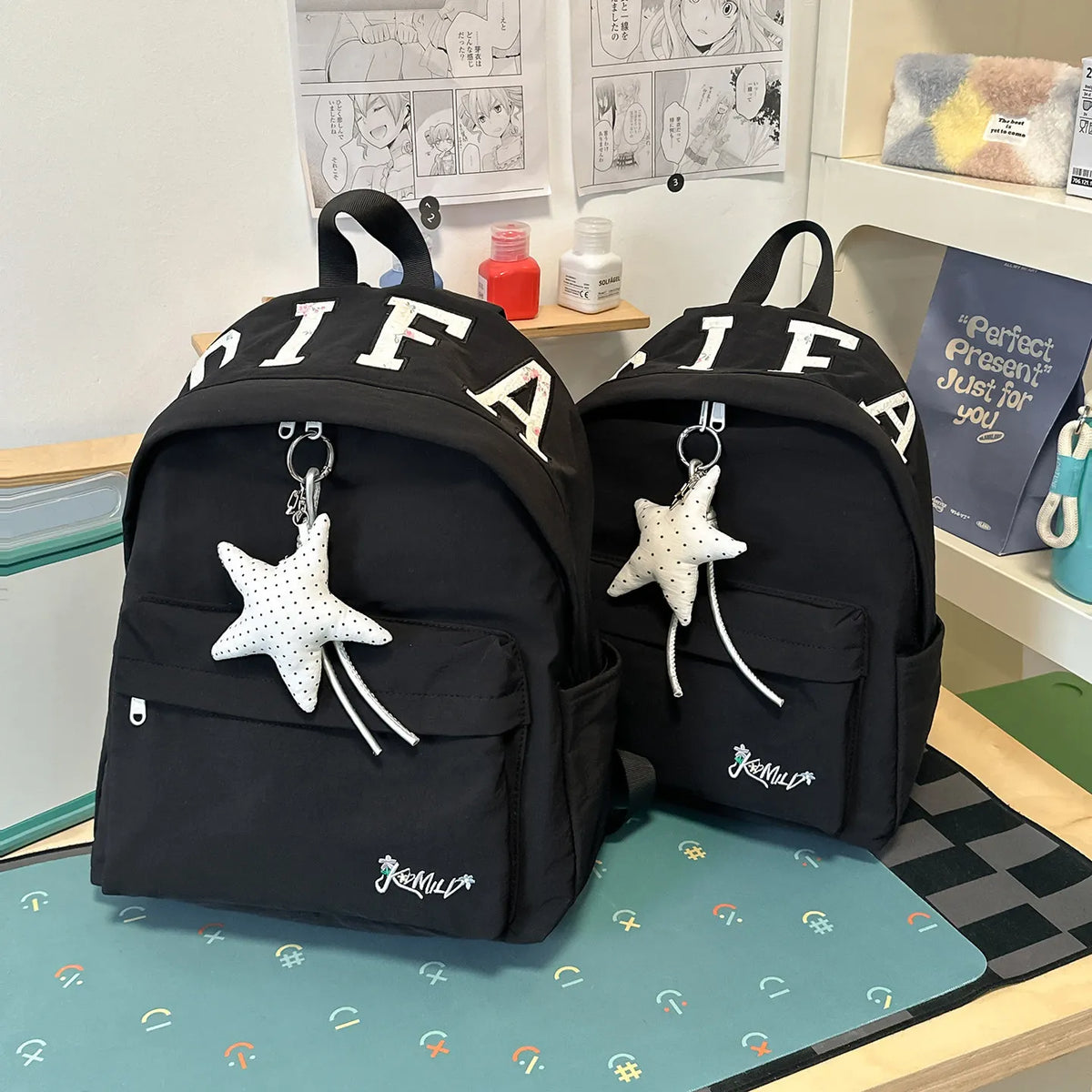 Korean Vintage Embroidered Letter Backpack – Unisex Student Student Backpack Nixie Black (Large)