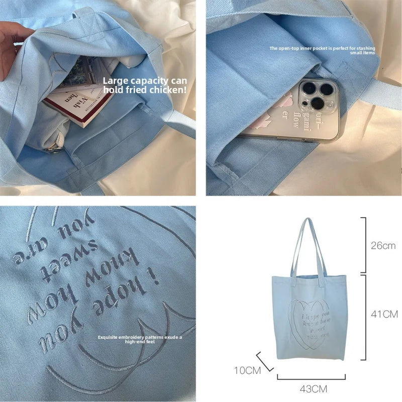 Korean Heart Embroidery Canvas Tote Bag – Large Capacity Canvas Tote Bag Nixie