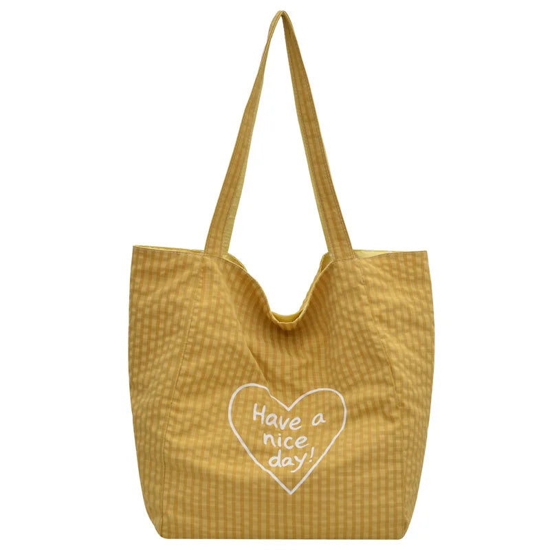 Korean Polka Dot Canvas Tote Bag – Large Shoulder Handbag Canvas Tote Bag Nixie BB-1478YELLOW