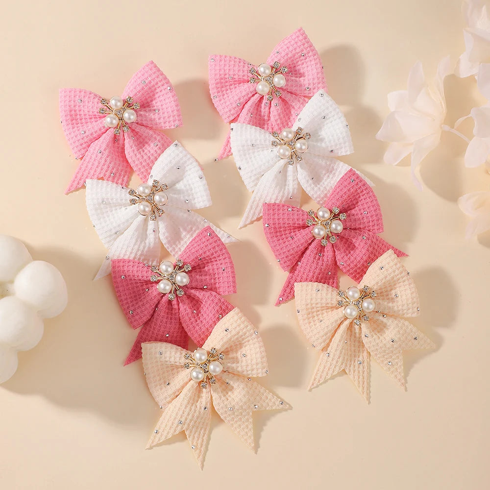 Waffle Fabric Pearl Rhinestone Bow Hair Clips 4 Pairs Girls