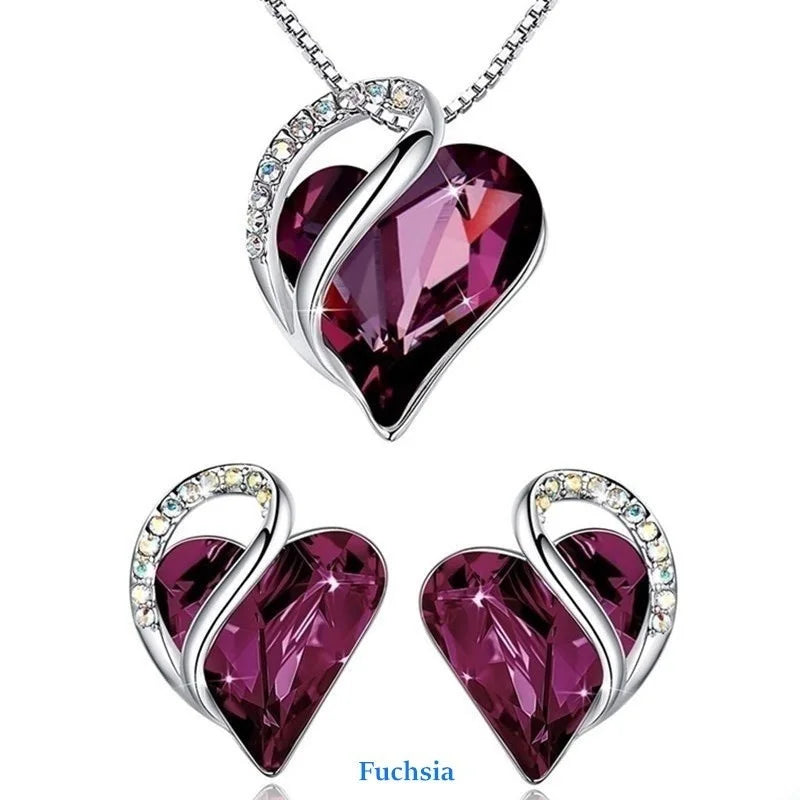 Love Heart Crystal Stud Earrings & Pendant Necklace Set Crystal Jewelry Set Nixie