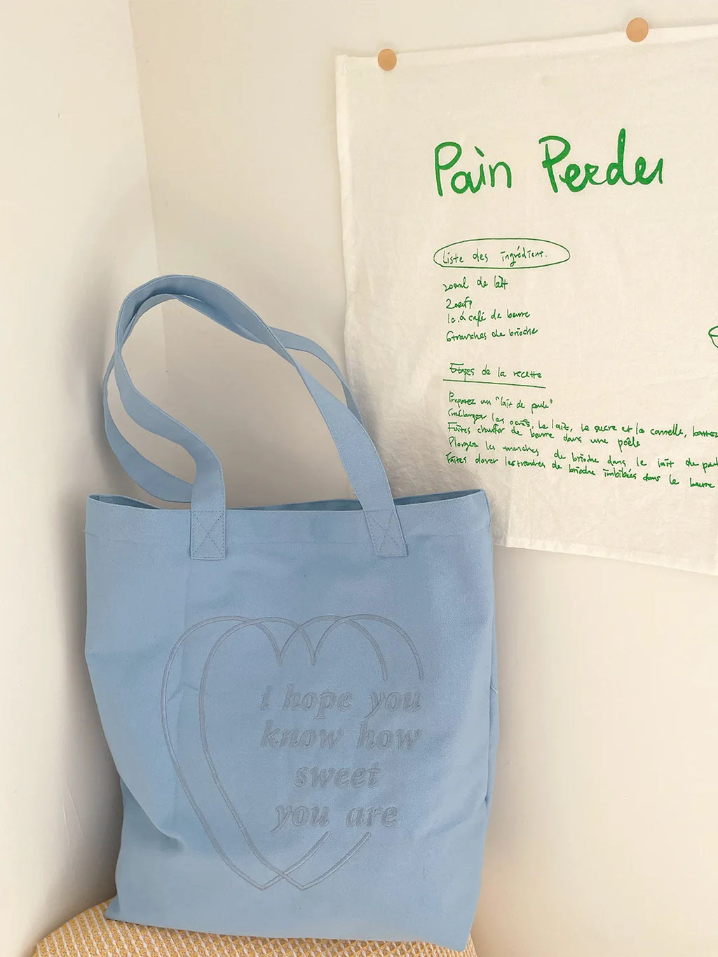Korean Heart Embroidery Canvas Tote Bag – Large Capacity Canvas Tote Bag Nixie BB-1192 blue