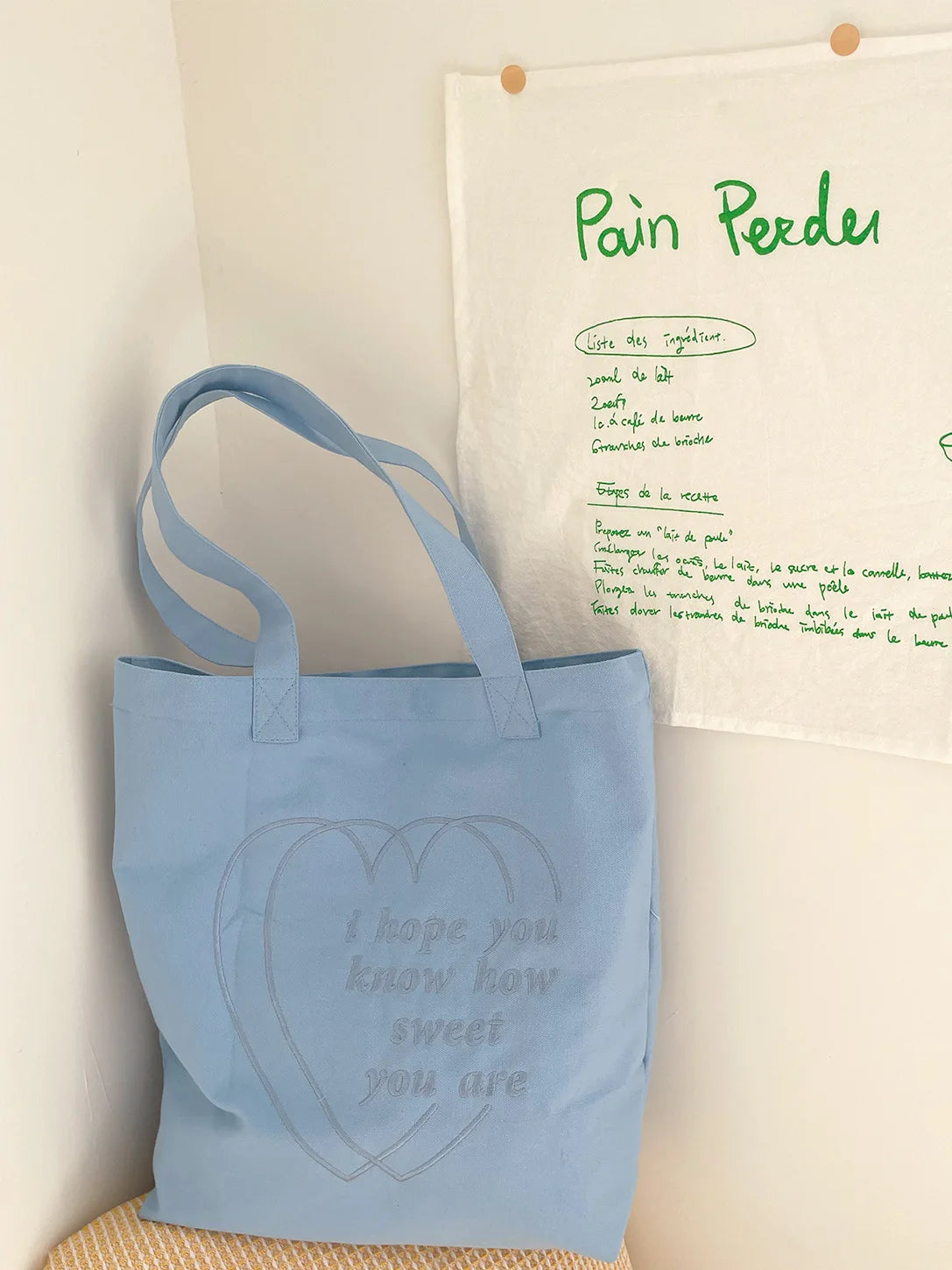 Korean Heart Embroidery Canvas Tote Bag – Large Capacity Canvas Tote Bag Nixie BB-1192 blue