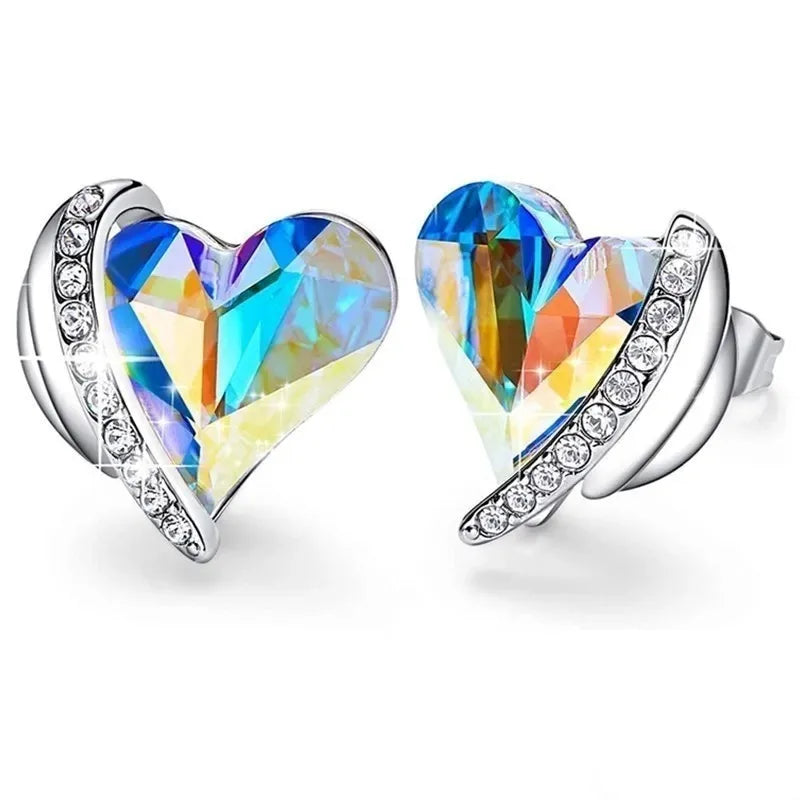 925 Silver & Rose Gold Crystal Heart Stud Earrings for Women