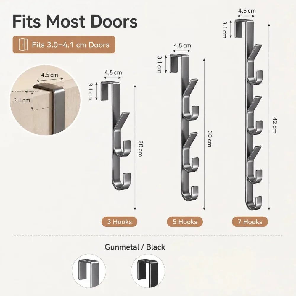 No-Drill Door Back Hook Rack – 3, 5 or 7 Hooks for Storage