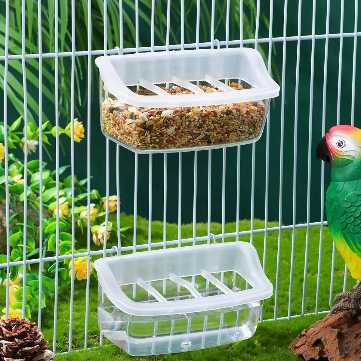 Transparent Anti-Spill Parrot Cage Feeder & Water Bowl