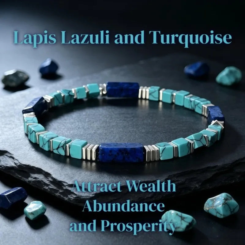 Natural Turquoise & Lapis Lazuli Square Tube Bracelet Stone Beaded Bracelet Nixie