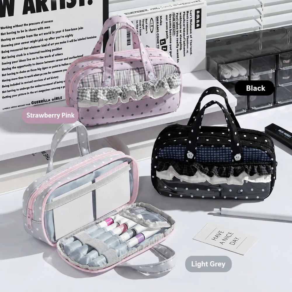 Ruffle Lace Polka Dot Pencil Case | 4-Layer Pen Bag Clear Window Pencil Case Nixie