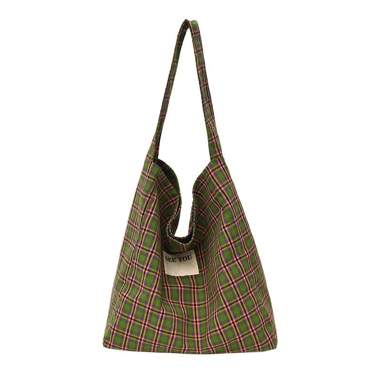 Women's Plaid Canvas Shoulder Bag | Large Capacity Korean Style Canvas Shoulder Bag Nixie