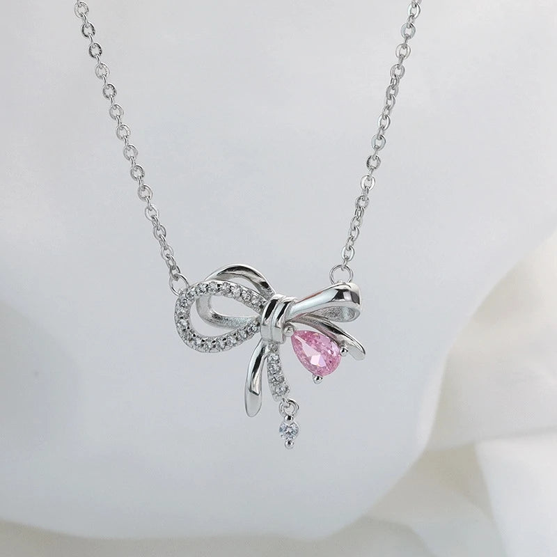 Pink Diamond Bow Pendant Necklace | Light Luxury Copper Pendant Necklace Nixie