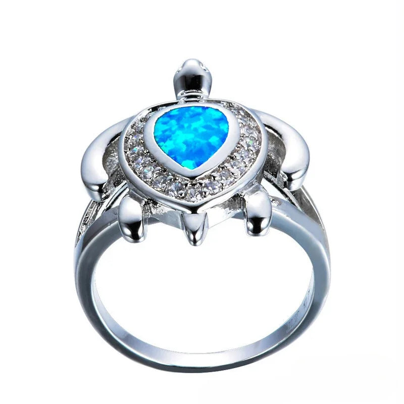 Women's Silver Turtle Blue Simulated Opal Ring Sizes 6–10 Fashion Ring Nixie WHITE 3.5