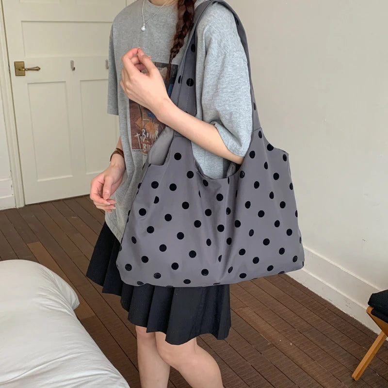 Korean Polka Dot Canvas Tote Bag – Retro Minimalist Shoulder Bag Canvas Tote Bag Nixie