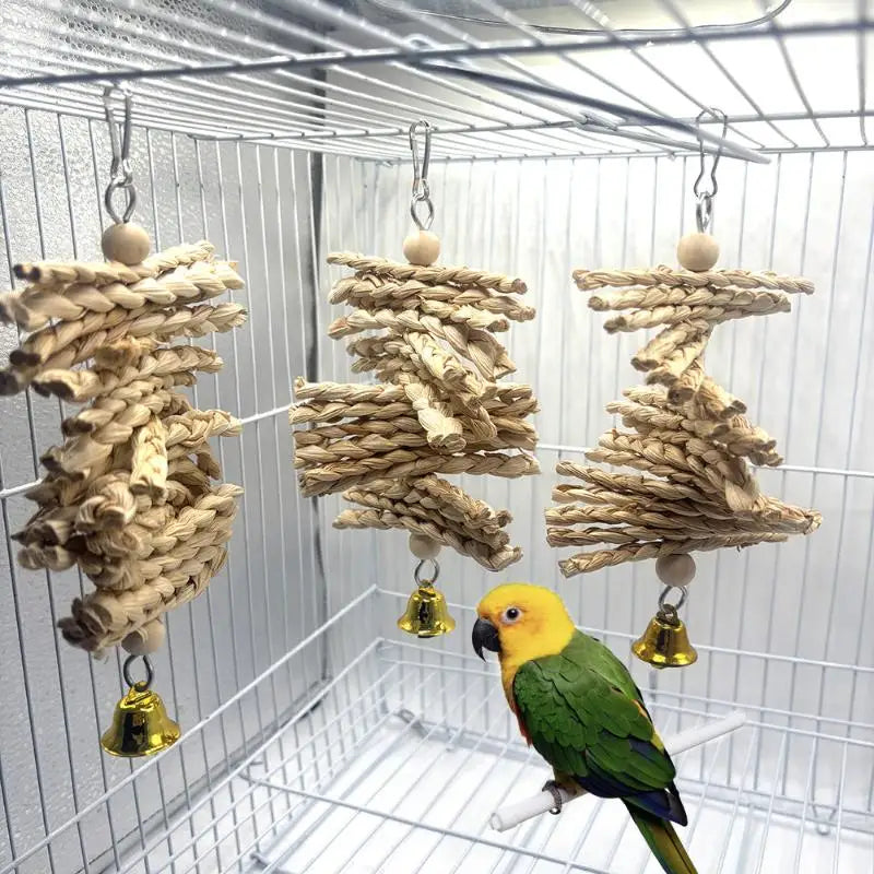 Parrot Chew Toy – Natural Corn Husk Braided Bell Bird Toy Bird Chew Toy Nixie