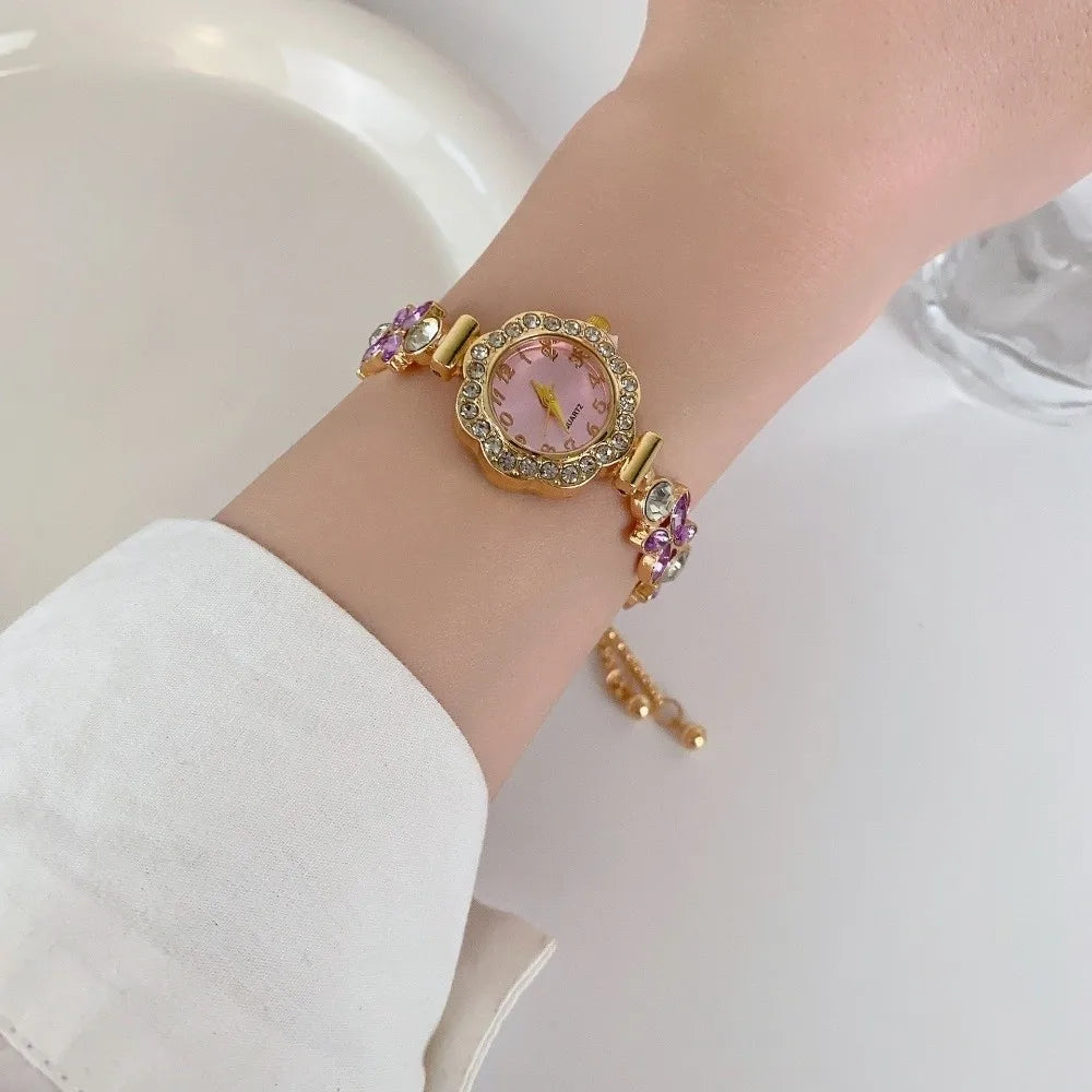 Rhinestone Women's Quartz Bracelet Watch – Pink Floral Heart Women's Bracelet Watch Nixie