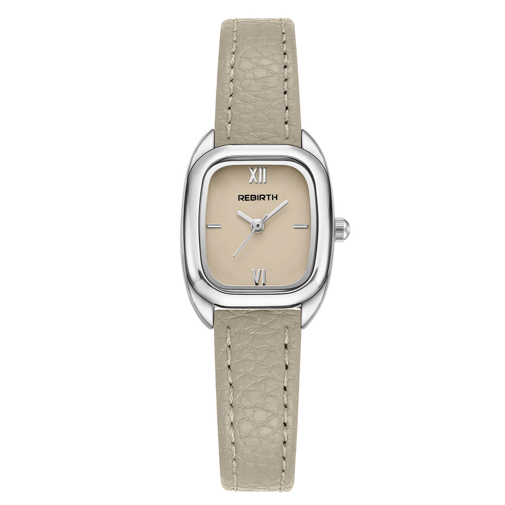 REBIRTH Square Women's Quartz Watch – Brown Leather Strap Women's Quartz Watch Nixie Grey