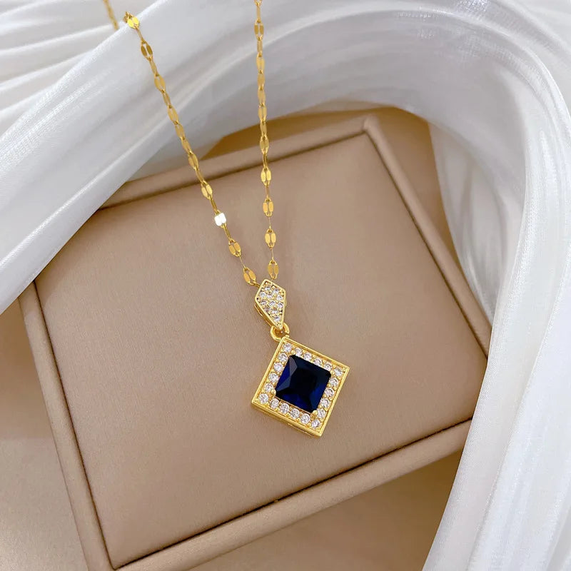 Diamond Shape Zircon Pendant Necklace | Gold Stainless Steel Pendant Necklace Nixie