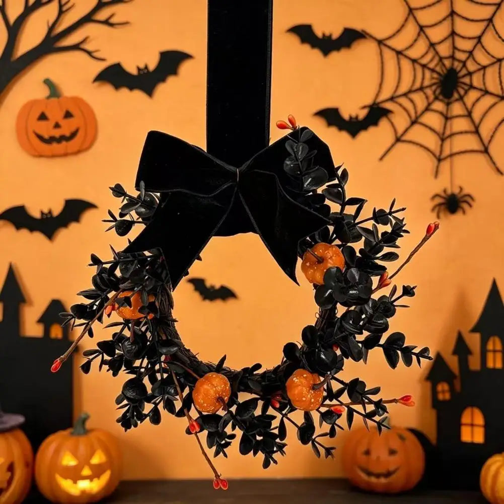 9-Inch Black Halloween Pumpkin Wreath with Velvet Bow Halloween Wreath Nixie