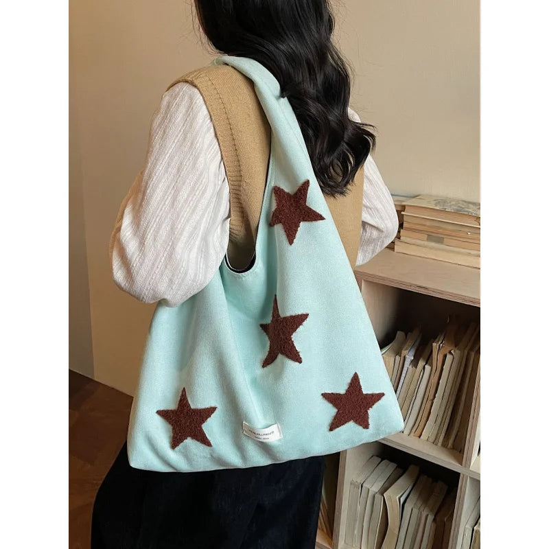 Korean Star-Embroidered Tote Bag – Large Flannel Shoulder Bag Shoulder Tote Bag Nixie