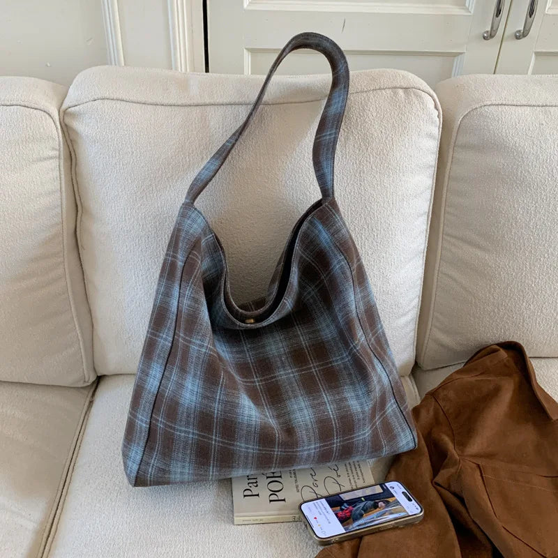 Women's Large Tote Bag – Plaid Casual Shoulder Commuter Bag Tote Shoulder Bag Nixie BB-640-Blue Grid Extra Large