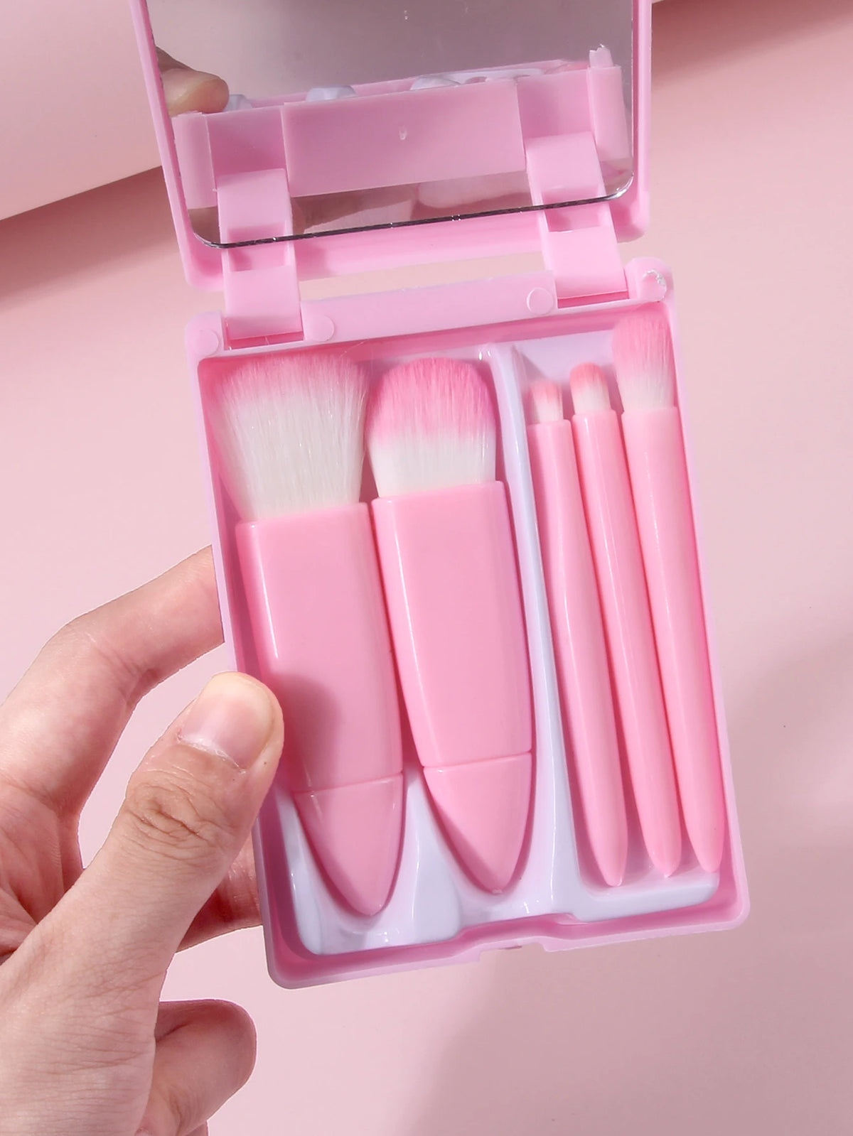 Pink Makeup Brush Set with Mirror – 7-Piece Travel Beauty Kit Makeup Brush Set Nixie