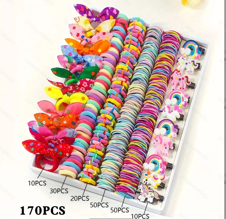 Girls Elastic Floral Bow Hair Bands & Bunny Ear Hair Ties Set