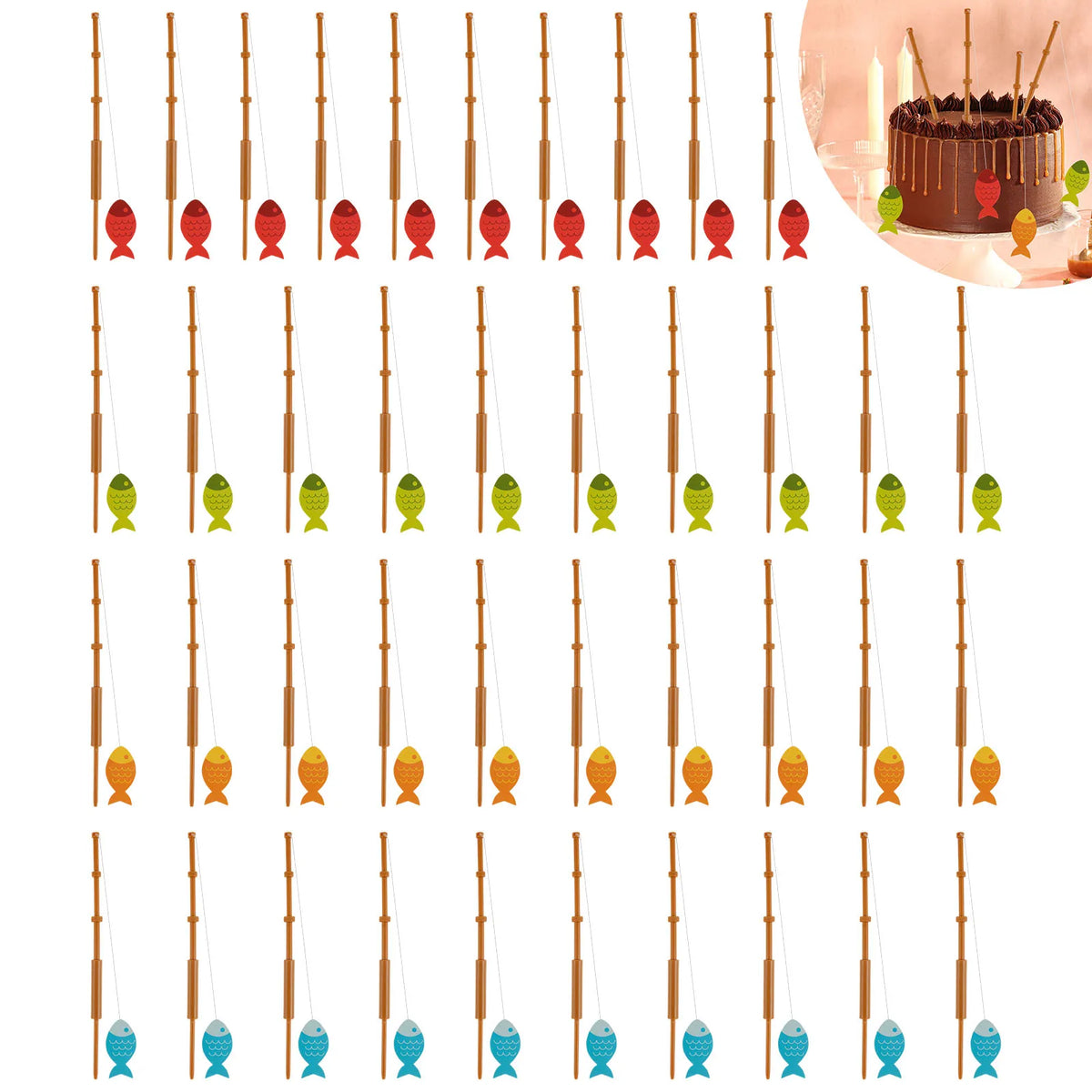40Pcs Mini Fishing Rod Cake Toppers – Party Decorations Cake Topper Set Nixie 40