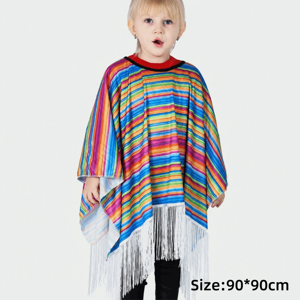Kids Mexican Poncho Striped Ethnic Costume Cape w/ Tassels Kids Costume Cape Nixie