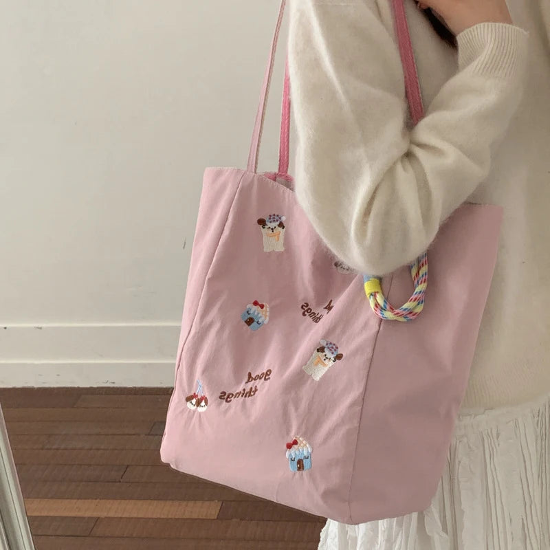 Cartoon Embroidery Tote Bag – Large Canvas Shoulder Bag Embroidery Tote Bag Nixie